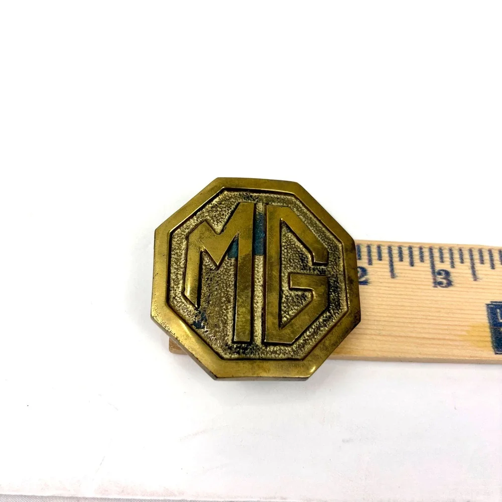 Vintage MG Motor Cars Solid Brass Belt Buckle Octagon Logo Automotive Accessory